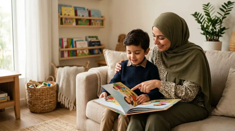 طفل يتصفح كتابًا مع والده استعدادًا لتعلم القراءة