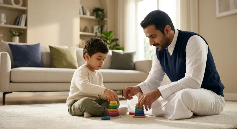 أب يراقب تفاعل طفله أثناء اللعب ضمن متابعة علامات النمو والتواصل المبكرة