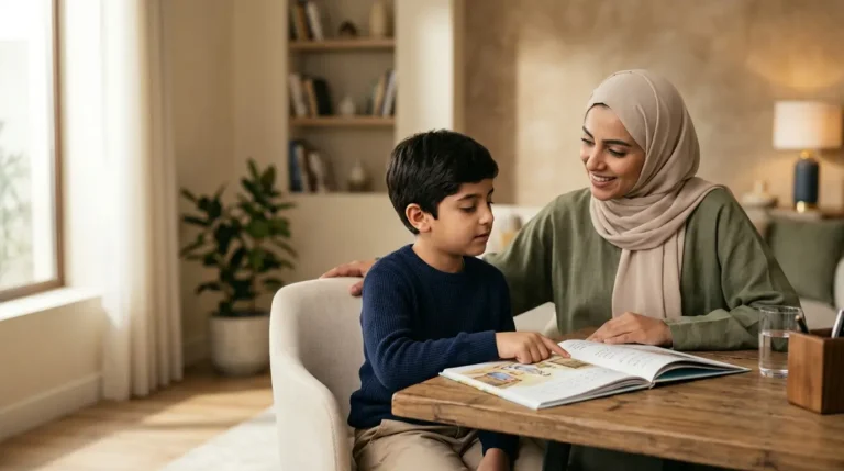 طفل يتعلم استخراج الفكرة الرئيسة من النص بمساعدة أحد والديه