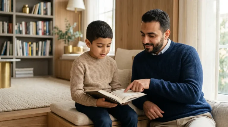 طفل يقرأ كتابًا عربيًا مع والده في أجواء منزلية هادئة