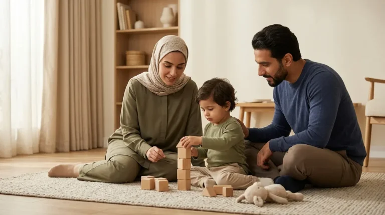 والدان يتفاعلان مع طفلهما أثناء متابعة نموه وتطوره