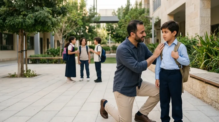 طفل في سن المدرسة بجانب أحد والديه في موقف داعم للتعامل مع التنمر