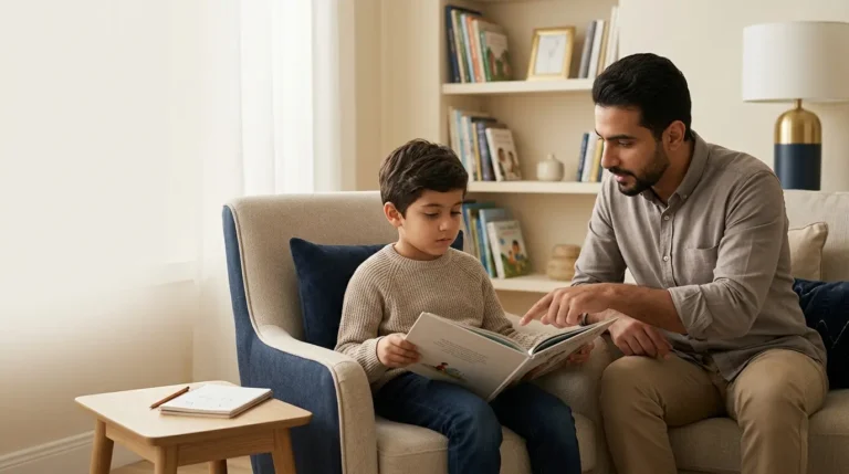 طفل يقرأ كتابًا ويتناقش مع والده حول محتواه لتنمية الفهم القرائي