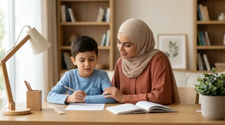 طفل في سن المدرسة يتلقى دعمًا من أحد والديه أثناء التعلم