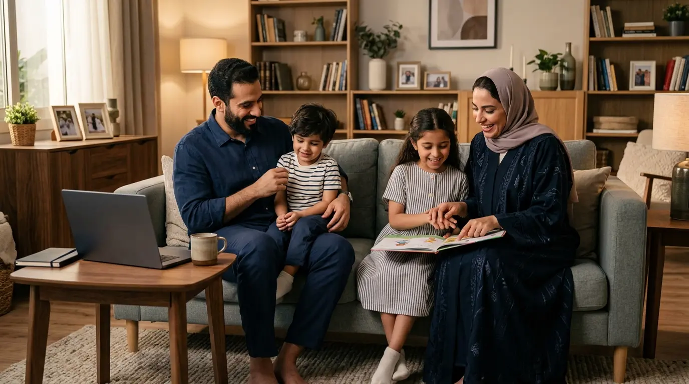 أسرة عربية تتشارك الوقت والمسؤوليات بين العمل والحياة العائلية