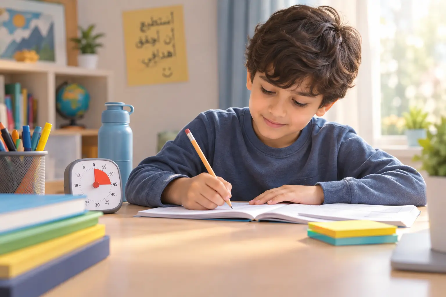 طفل يقرأ فقرة من كتاب مدرسي ويستخدم مخطط أفكار لتلخيصها بكلماته الخاصة.