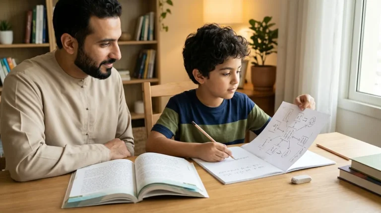 طفل يقرأ فقرة من كتاب مدرسي ويستخدم مخطط أفكار لتلخيصها بكلماته الخاصة.