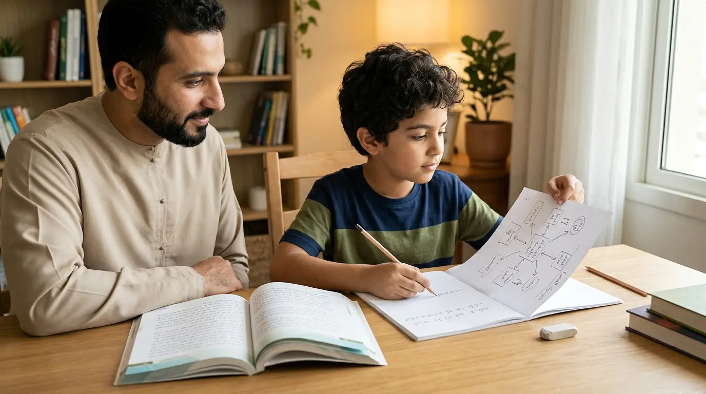طفل يقرأ فقرة من كتاب مدرسي ويستخدم مخطط أفكار لتلخيصها بكلماته الخاصة.