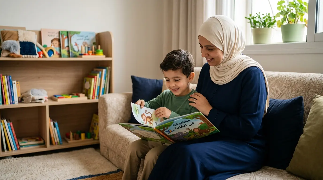 أم عربية تتصفح قصة مصورة مع طفلها في زاوية قراءة منزلية مريحة.
