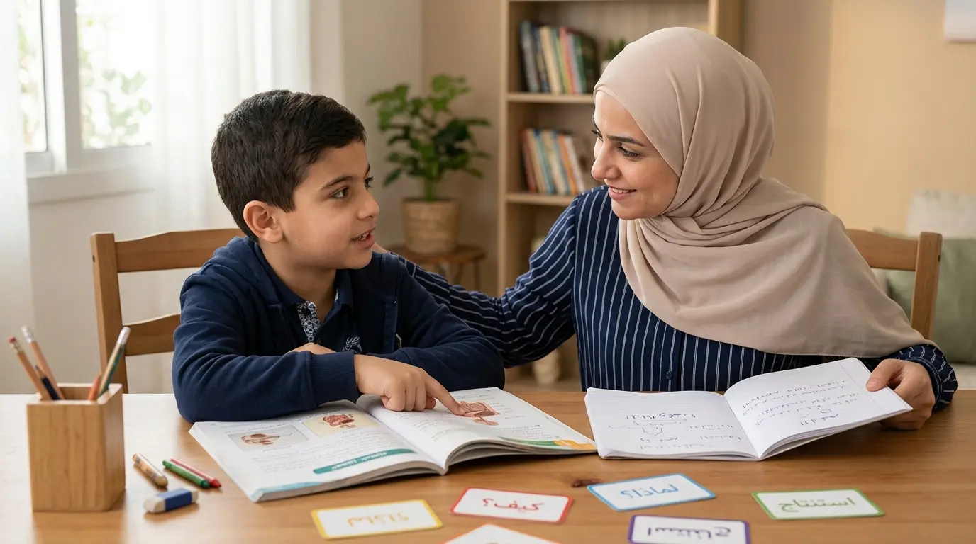 أب يساعد طفله على فهم الدرس وتنظيم المذاكرة بدلًا من الاعتماد على الحفظ الآلي.